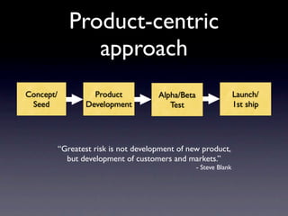 Product-centric
                 approach
Concept/            Product            Alpha/Beta                   Launch/
 Seed             Development             Test                      1st ship




           “Greatest risk is not development of new product,
             but development of customers and markets.”
                                                    - Steve Blank
 