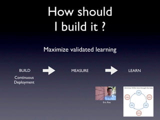 How should
               I build it ?
             Maximize validated learning


  BUILD                MEASURE          ...