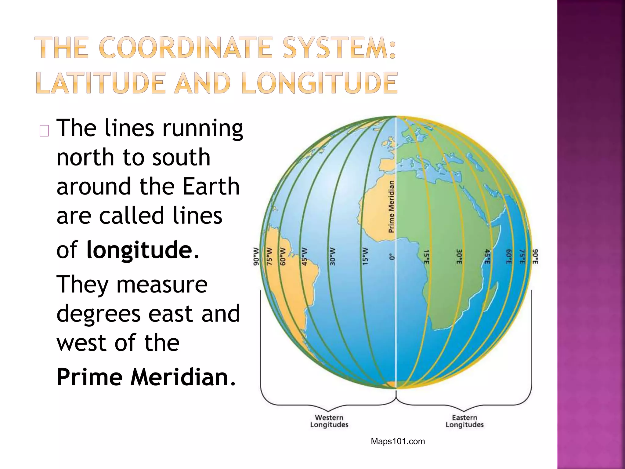 The lines running
north to south
around the Earth
are called lines
of longitude.
They measure
degrees east and
west of the
Prime Meridian.
Maps101.com
 