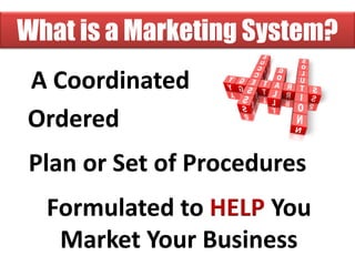What is a Marketing System?
A Coordinated
Ordered
Plan or Set of Procedures
  Formulated to HELP You
   Market Your Business
 