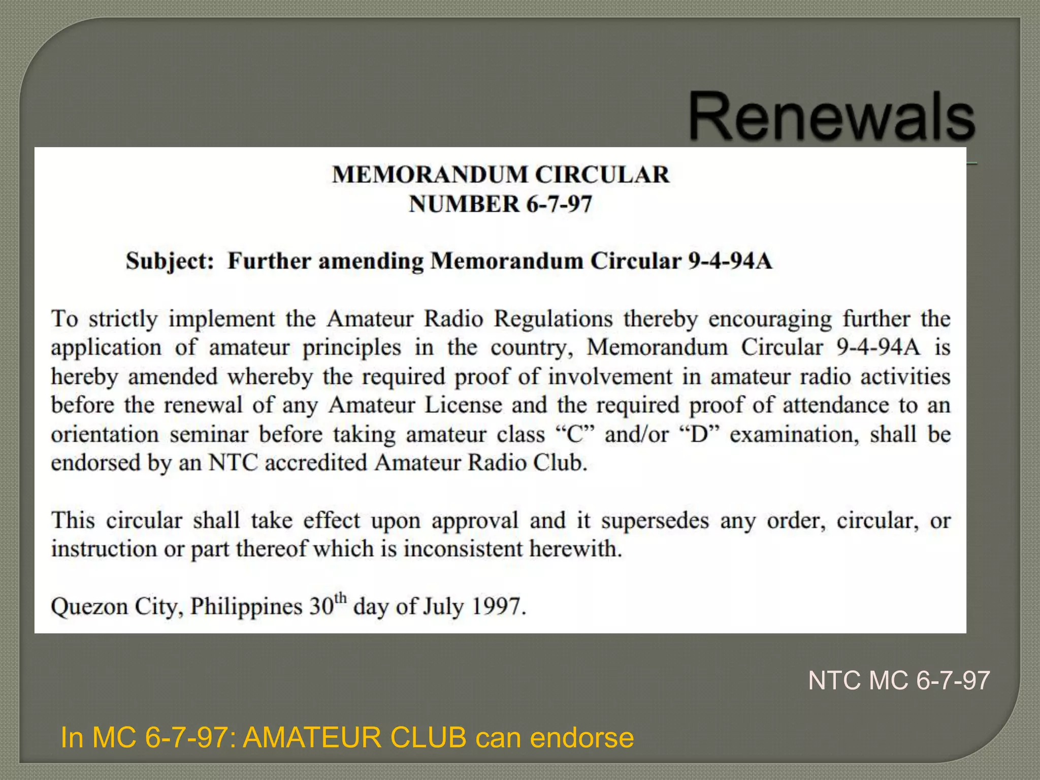 NTC MC 6-7-97
In MC 6-7-97: AMATEUR CLUB can endorse
 