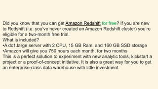 Benefits of Redshift
•Optimized for Data Warehousing: Amazon Redshift has a massively
parallel processing (MPP) data wareh...