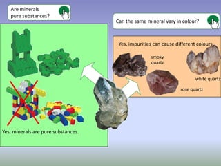 Are minerals
   pure substances?
                                     Can the same mineral vary in colour?



                                      Yes, impurities can cause different colours.

                                                    smoky
                                                    quartz


                                                                         white quartz

                                                                  rose quartz




Yes, minerals are pure substances.
 