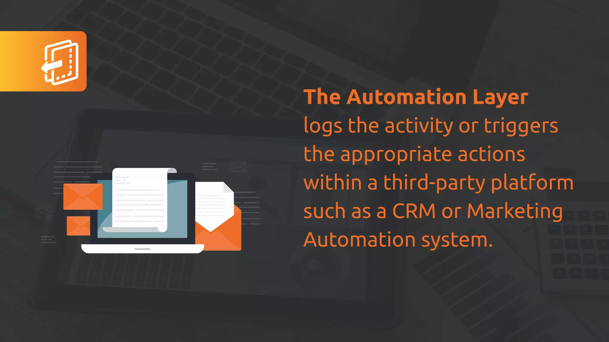 The Automation Layer
logs the activity or triggers
the appropriate actions
within a third-party platform
such as a CRM or Marketing
Automation system.
 