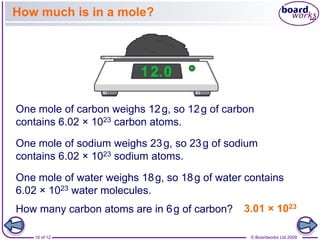 How much is in a mole?




One mole of carbon weighs 12 g, so 12 g of carbon
contains 6.02 × 1023 carbon atoms.

One mole of sodium weighs 23 g, so 23 g of sodium
contains 6.02 × 1023 sodium atoms.

One mole of water weighs 18 g, so 18 g of water contains
6.02 × 1023 water molecules.
How many carbon atoms are in 6 g of carbon?    3.01 × 1023

    16 of 12                                     © Boardworks Ltd 2009
 
