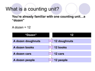 What is a counting unit?
  You’re already familiar with one counting unit…a
  “dozen”

  A dozen = 12

          “Dozen”                        12

   A dozen doughnuts         12 doughnuts

   A dozen books             12 books

   A dozen cars              12 cars

   A dozen people            12 people
 