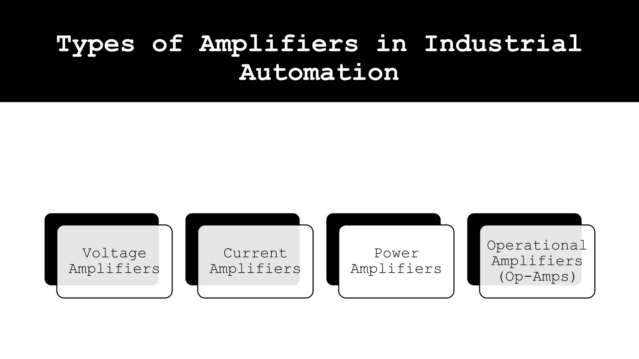 Types of Amplifiers in Industrial
Automation
Voltage
Amplifiers
Current
Amplifiers
Power
Amplifiers
Operational
Amplifiers
(Op-Amps)