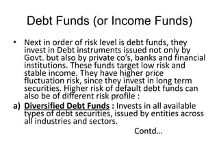 Debt Funds Contd..
Diversified debt fund is less risky than a narrow
focus fund that invests in debt securities of a
parti...