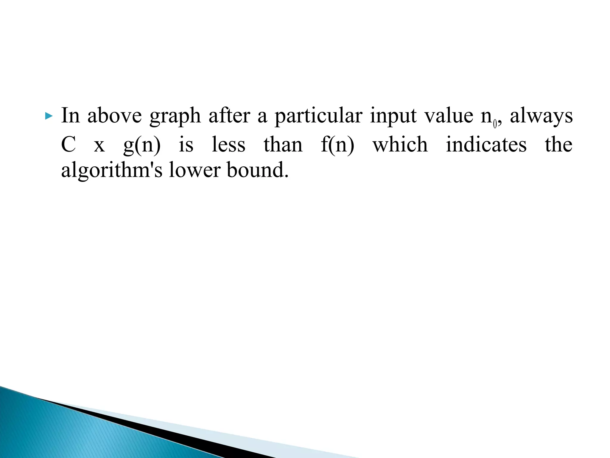  In above graph after a particular input value n0, always
C x g(n) is less than f(n) which indicates the
algorithm's lower bound.
 