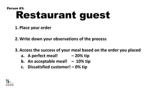 Restaurant guest
Person #3:
1. Place your order
2. Write down your observations of the process
3. Access the success of your meal based on the order you placed
a. A perfect meal! – 20% tip
b. An acceptable meal! – 10% tip
c. Dissatisfied customer! – 0% tip
 