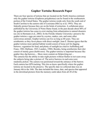 Gopher Tortoise Research Paper
There are four species of tortoise that are located on the North America continent
only the gopher tortoise (Gopherus polyphemus) can be found in the southeastern
portion of the United States. The gopher tortoise reside only from the south end of
South Carolina to the eastern side of Louisiana (McCoy et al, 1993). They are
federally protect because they are on the brink of extinction. A collaborate piece
published by the University of Notre Dame found, in the past decade about 80% of
the gopher tortoise has cease to exist starting form urbanization to natural disasters
(as cite in Hermann et al., 2002). In the Florida Atlantic University s preserve the
gopher tortoise s eggs are eaten by coyotes, snakes, cats, and some other
carnivorous animals. Gopher tortoise can live as long as 60 years. They are
ectothermic so they favor places with direct sunlight. Joan E. Diemer agrees that the
gopher tortoise most optimal habitat would consist of loose soil for digging
burrows, vegetation for food, and plenty of sunlight (as cited in Auffenberg and
Franz, 1982; Hallinan, 1923; Landers, 1980). Besides, being ectothermic their diet
consist of mainly grass (herbivores). The gopher tortoise is important because like
gopher they dig burrows.... Show more content on Helpwriting.net ...
The cameras has the ability to take night pictures without flashes to not scare away
the subjects being take a picture of. The active burrows in each area were
randomly picked. The camera was positioned toward the entrance of the burrow.
Each camera has GPS tracking. This lets us know specifically where the gopher
tortoise are located in the preserve. The specific date we collected data was on
January 6th to the 16th. The data included the times, date, and species that appeared
in the download pictures from the memory cards taken from all 20 of the
 