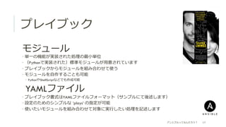 プレイブック
アンシブルってなんだろう？ 17
 モジュール
­  単⼀一の機能が実装された処理理の最⼩小単位
­  （Pythonで実装された）標準モジュールが⽤用意されています
­  プレイブックからモジュールを組み合わせて使う
­  モジュールを⾃自作することも可能
­  PythonやShellScriptなどでも作成可能
YAMLファイル
­  プレイブック書式はYAMLファイルフォーマット（サンプルにて後述します）
­  設定のためのシンプルな  ’plays’ の指定が可能
­  使いたいモジュールを組み合わせて対象に実⾏行行したい処理理を記述します
 