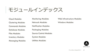 モジュールインデックス
 Cloud Modules
 Clustering Modules
 Commands Modules
 Database Modules
 Files Modules
 Inventory Modules
 Messaging Modules
アンシブルってなんだろう？ 27
 Monitoring Modules
 Network Modules
 Notification Modules
 Packaging Modules
 Source Control Modules
 System Modules
 Utilities Modules
 Web Infrastructure Modules
 Windows Modules
 