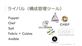 ライバル（構成管理理ツール）
 Puppet
 Chef
 Salt
 Fabric + Cuisine
 Ansible
アンシブルってなんだろう？ 34
 