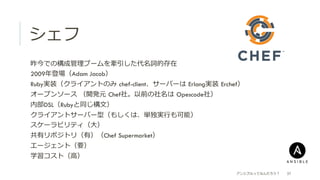 シェフ
アンシブルってなんだろう？ 37
 昨今での構成管理理ブームを牽引した代名詞的存在
 2009年年登場（Adam Jacob）
 Ruby実装（クライアントのみ  chef-client、サーバーは  Erlang実装  Erchef）
 オープンソース  （開発元  Chef社。以前の社名は  Opescode社）
 内部DSL（Rubyと同じ構⽂文）
 クライアントサーバー型（もしくは、単独実⾏行行も可能）
 スケーラビリティ（⼤大）
 共有リポジトリ（有）（Chef Supermarket）
 エージェント（要）
 学習コスト（⾼高）
 