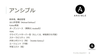アンシブル
 新参者。構成管理理
 2012年年登場（Michael DeHaan）
 Python実装
 オープンソース  （開発元  Ansible社）
 YAML
 クライアントサーバー型（もしくは、単独実⾏行行も可能）
 スケーラビリティ（中）
 共有リポジトリ（有）（Ansible Galaxy）
 エージェント（不不要）
 学習コスト（低）
アンシブルってなんだろう？ 40
 