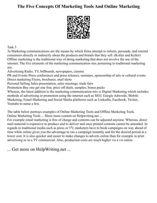 The Five Concepts Of Marketing Tools And Online Marketing
Task 3
3a Marketing communications are the means by which firms attempt to inform, persuade, and remind
consumers directly or indirectly about the products and brands that they sell. (Kotler and Keller)
Offline marketing is the traditional way of doing marketing that does not involve the use of the
internet. The five elements of the marketing communication mix pertaining to traditional marketing
are;
Advertising Radio, TV, billboards, newspapers, cinema
PR and Events Press conferences and press releases, seminars, sponsorship of arts or cultural events
Direct marketing Flyers, brochures, mail shots
Personal Selling Sales presentation, sales meetings, trade fairs
Promotion Buy one get one free, price off deals, samples, bonus packs
Whereas, the latest addition to the marketing communication mix is Digital Marketing which includes
methods of advertising or promotion using the internet such as SEO, Google Adwords, Mobile
Marketing, Email Marketing and Social Media platforms such as LinkedIn, Facebook, Twitter,
Youtube to name a few.
The table below portrays examples of Online Marketing Tools and Offline Marketing Tools.
Online Marketing Tools ... Show more content on Helpwriting.net ...
For example email marketing is free of charge and contents can be adjusted anytime. Whereas, direct
mail material is expensive to produce and to deliver and once printed contents cannot be amended. In
regards to traditional media such as press or TV, marketers have to book campaigns on way ahead of
time while online gives you the advantage to run a campaign instantly and for the desired period at a
lower cost. It is also quicker and easier to make changes to adverts online than for example in print
advertising or in a TV commercial. Also, production costs are much higher vis à vis online
... Get more on HelpWriting.net ...
 