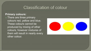 Primary colours:
 There are three primary
colours red, yellow and blue.
These colours cannot be
produced by mixing of other
colours, however mixtures of
them will result in nearly every
other colour.
 