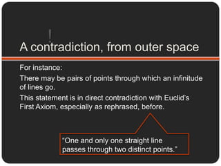 The line, the point, and deﬁnitionsThe deﬁnitions, in themselves, are (impressive) attempts, to provide us with a manifestation of the very abstract concepts of what a line and a point are, in the most vague and general form possible.They don’t have any consequence by themselves, and rely on language, for a comprehension of what is meant by breadth, length, and what a geometric ﬁgure, could have a ‘part’ of.Notice, that a line does not even require to be straight by definition!