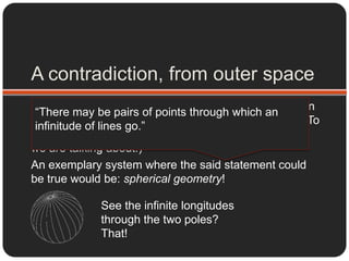A contradiction, from outer spaceFor instance:There may be pairs of points through which an infinitude of lines go.This statement is in direct contradiction with Euclid’s First Axiom, especially as rephrased, before.“One and only one straight line passes through two distinct points.”