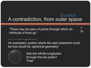 A contradiction, from outer space!For instance:There may be pairs of points through which an infinitude of lines go.This statement is in direct contradiction with Euclid’s First Axiom, especially as rephrased, before.“One and only one straight line passes through two distinct points.”