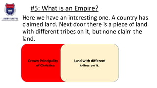 #5: What is an Empire?
Here we have an interesting one. A country has
claimed land. Next door there is a piece of land
with different tribes on it, but none claim the
land.
Crown Principality .
of Christina
Land with different
tribes on it.
 