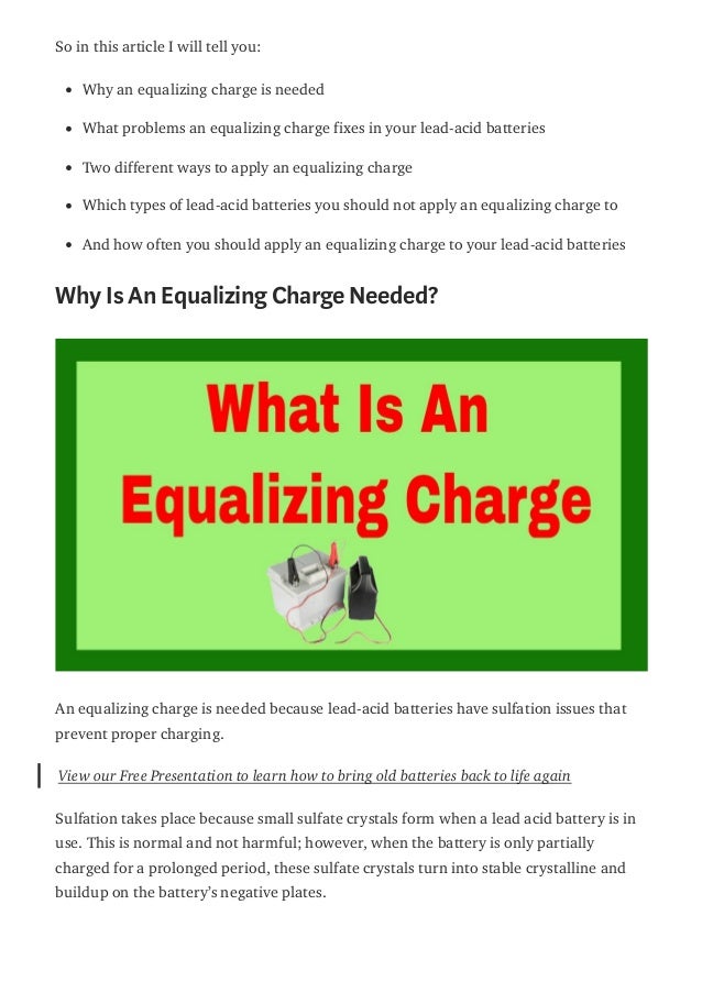 What is an equalizing charge, why is it needed, and how to apply one to