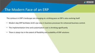 The Modern Face of an ERP
The contours in ERP’s landscape are changing at a striking pace as ERP is also evolving itself.
• Modern day ERP facilitates bird’s eye view in business processes for enhanced business control.
• The implementation time and customization cost is shrinking significantly
• There is steep rise in the extent of flexibility and scalability of ERP solutions
 