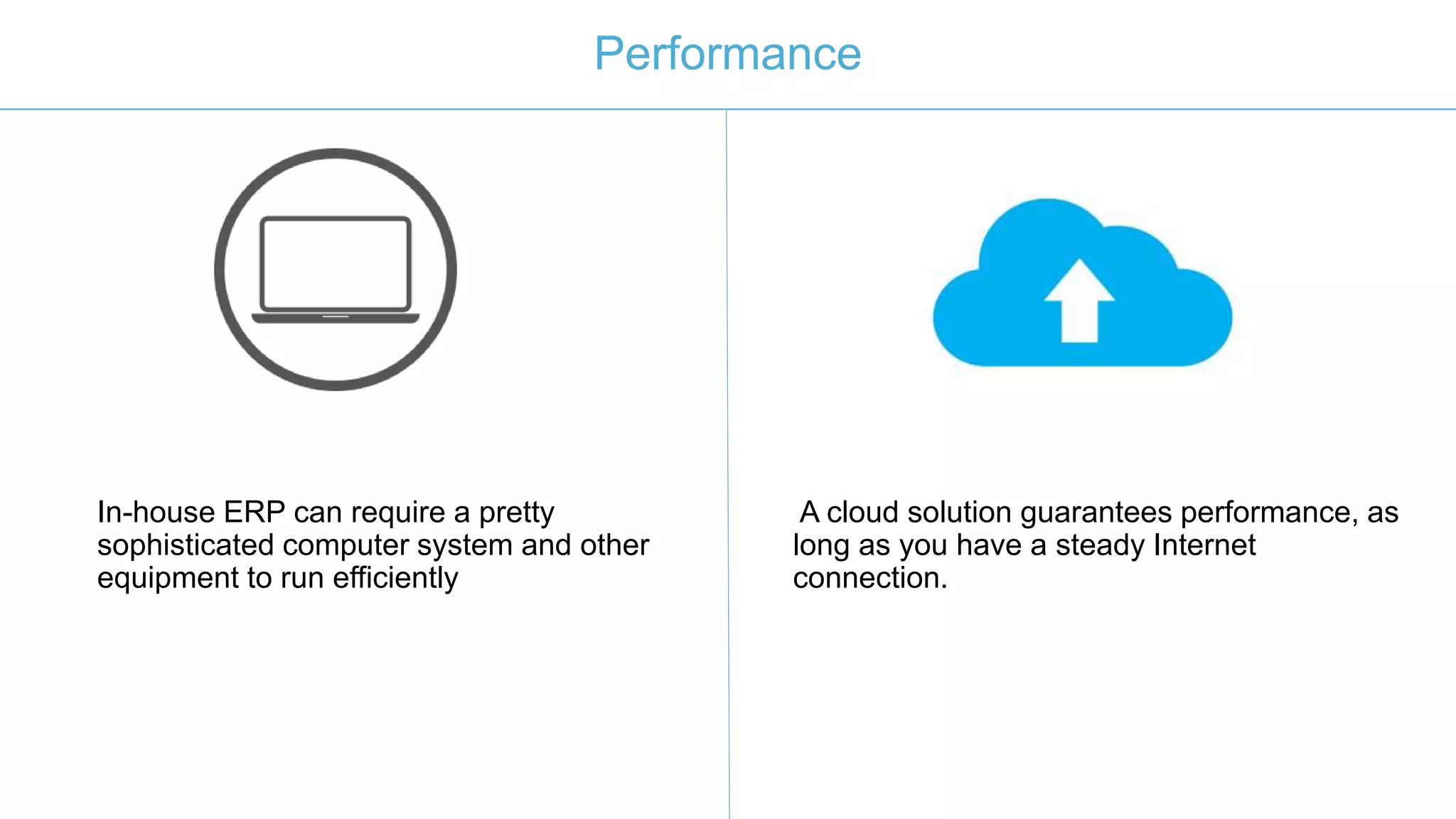 Performance
In-house ERP can require a pretty
sophisticated computer system and other
equipment to run efficiently
A cloud solution guarantees performance, as
long as you have a steady Internet
connection.
 