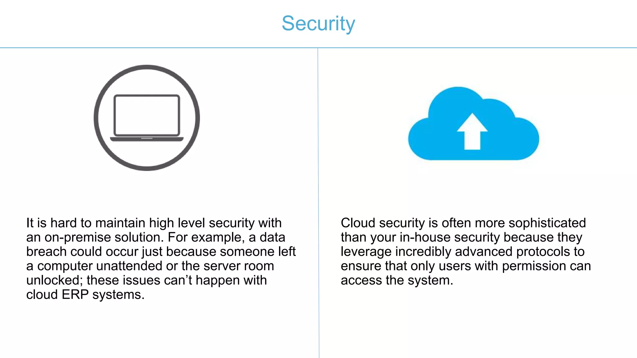 Security
It is hard to maintain high level security with
an on-premise solution. For example, a data
breach could occur just because someone left
a computer unattended or the server room
unlocked; these issues can’t happen with
cloud ERP systems.
Cloud security is often more sophisticated
than your in-house security because they
leverage incredibly advanced protocols to
ensure that only users with permission can
access the system.
 