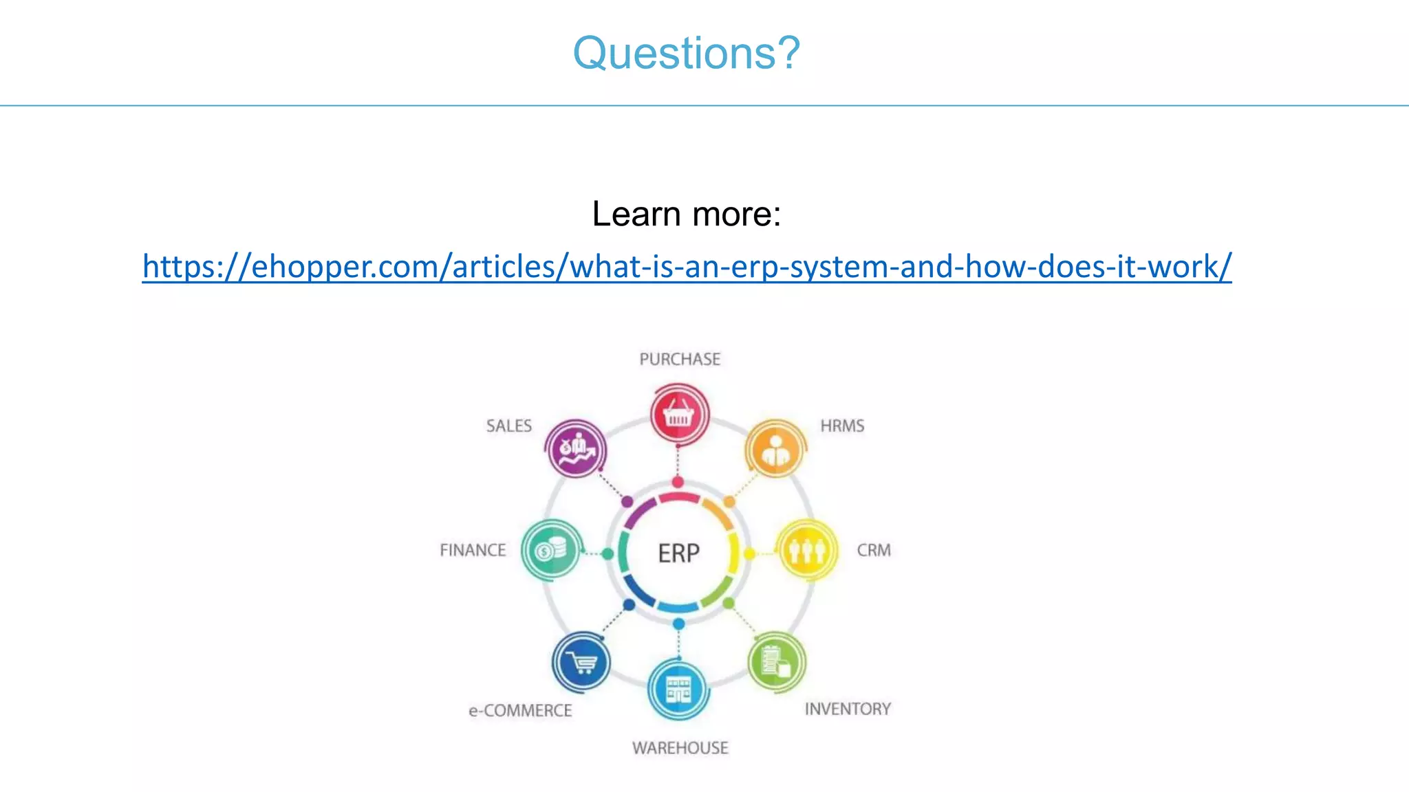 Questions?
Learn more:
https://ehopper.com/articles/what-is-an-erp-system-and-how-does-it-work/
 