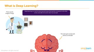 What is Deep Learning?
Deep learning is a machine learning technique that teaches computers to do what
comes naturally to humans: learn by example
These are the
images of ‘Dogs’
The robot gets trained with
photos as example!
 