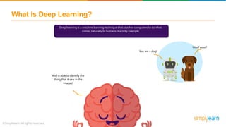 What is Deep Learning?
Deep learning is a machine learning technique that teaches computers to do what
comes naturally to humans: learn by example
You are a dog!
Woof woof!
And is able to identify the
thing that it saw in the
images!
 