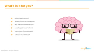 What’s in it for you?
How does neural network work?
Advantages of neural network
Applications of neural network
What is Artificial nEural Network?
Future of Neural Network
What is Deep Learning?
 