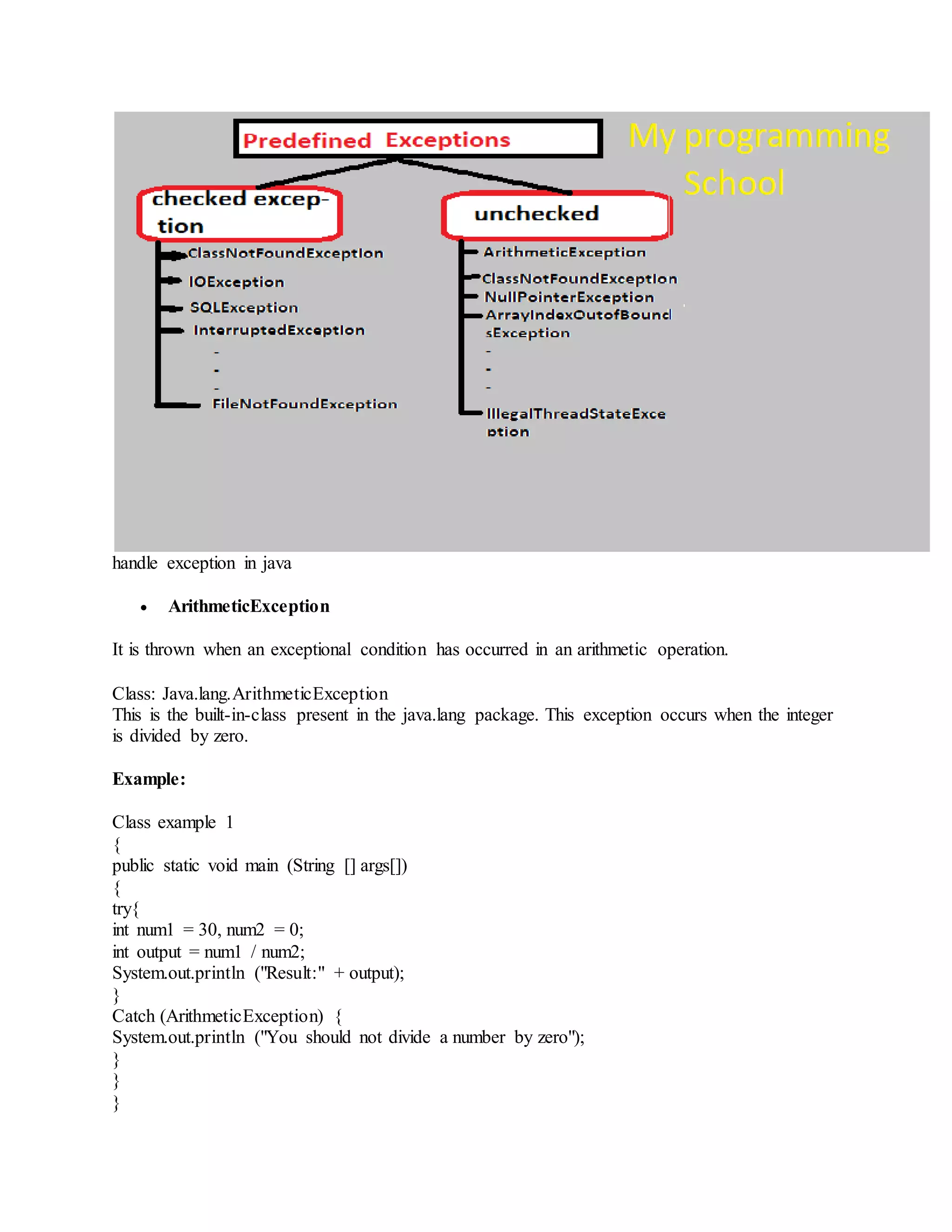 handle exception in java  ArithmeticException It is thrown when an exceptional condition has occurred in an arithmetic operation. Class: Java.lang.ArithmeticException This is the built-in-class present in the java.lang package. This exception occurs when the integer is divided by zero. Example: Class example 1 { public static void main (String [] args[]) { try{ int num1 = 30, num2 = 0; int output = num1 / num2; System.out.println ("Result:" + output); } Catch (ArithmeticException) { System.out.println ("You should not divide a number by zero"); } } } 