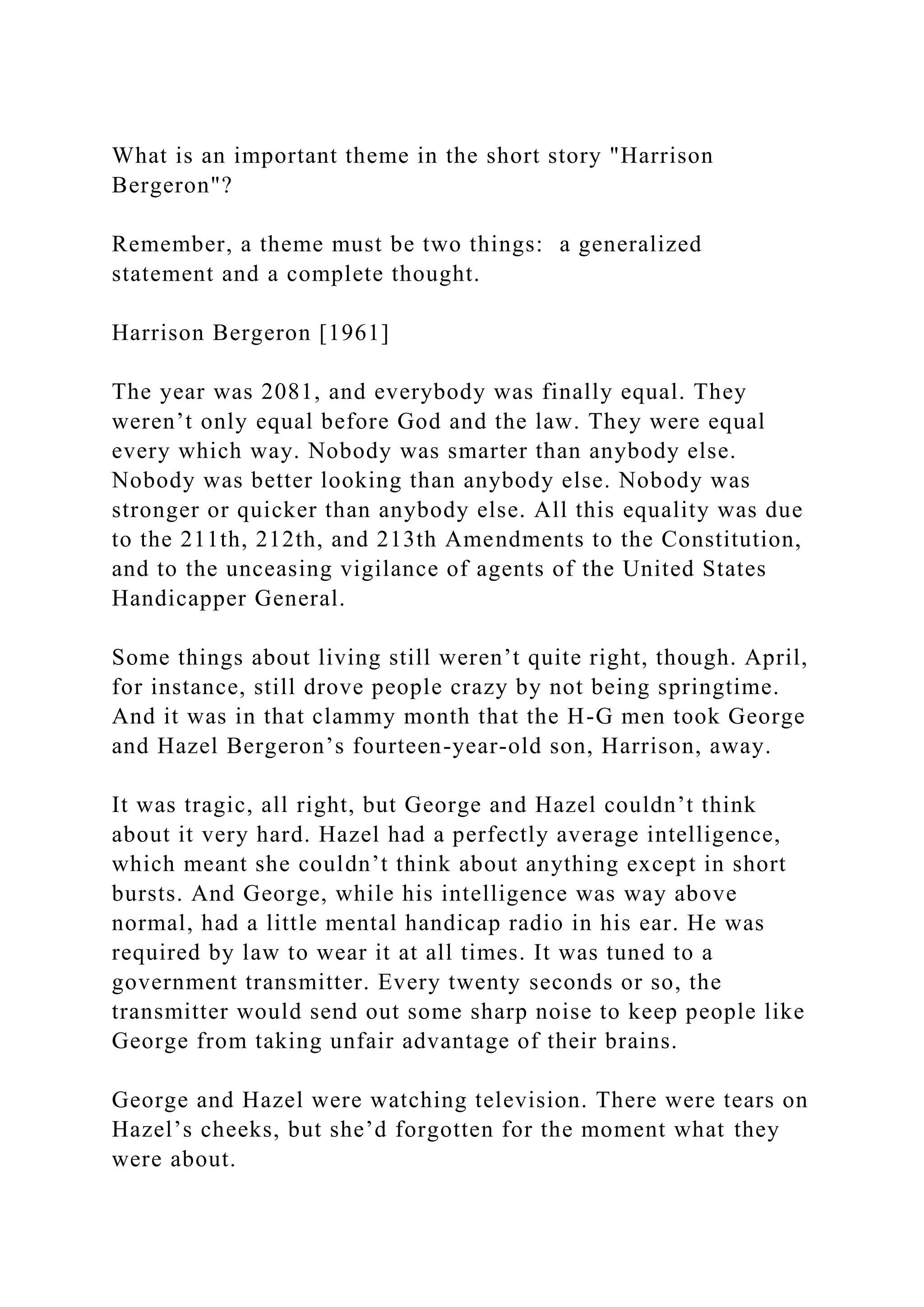 What is an important theme in the short story Harrison Bergeron | DOCX