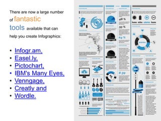 There are now a large number
of fantastic
tools available that can
help you create Infographics:
• Infogr.am,
• Easel.ly,
• Pictochart,
• IBM's Many Eyes,
• Venngage,
• Creatly and
• Wordle.
 
