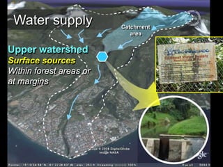 Upper watershed
Surface sources
Within forest areas or
at margins
Catchment
area
Water supply
 