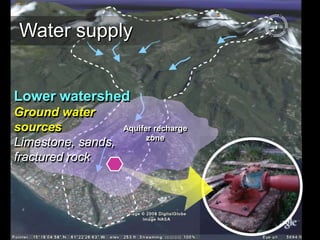 Lower watershed
Ground water
sources
Limestone, sands,
fractured rock
Aquifer recharge
zone
Water supply
 