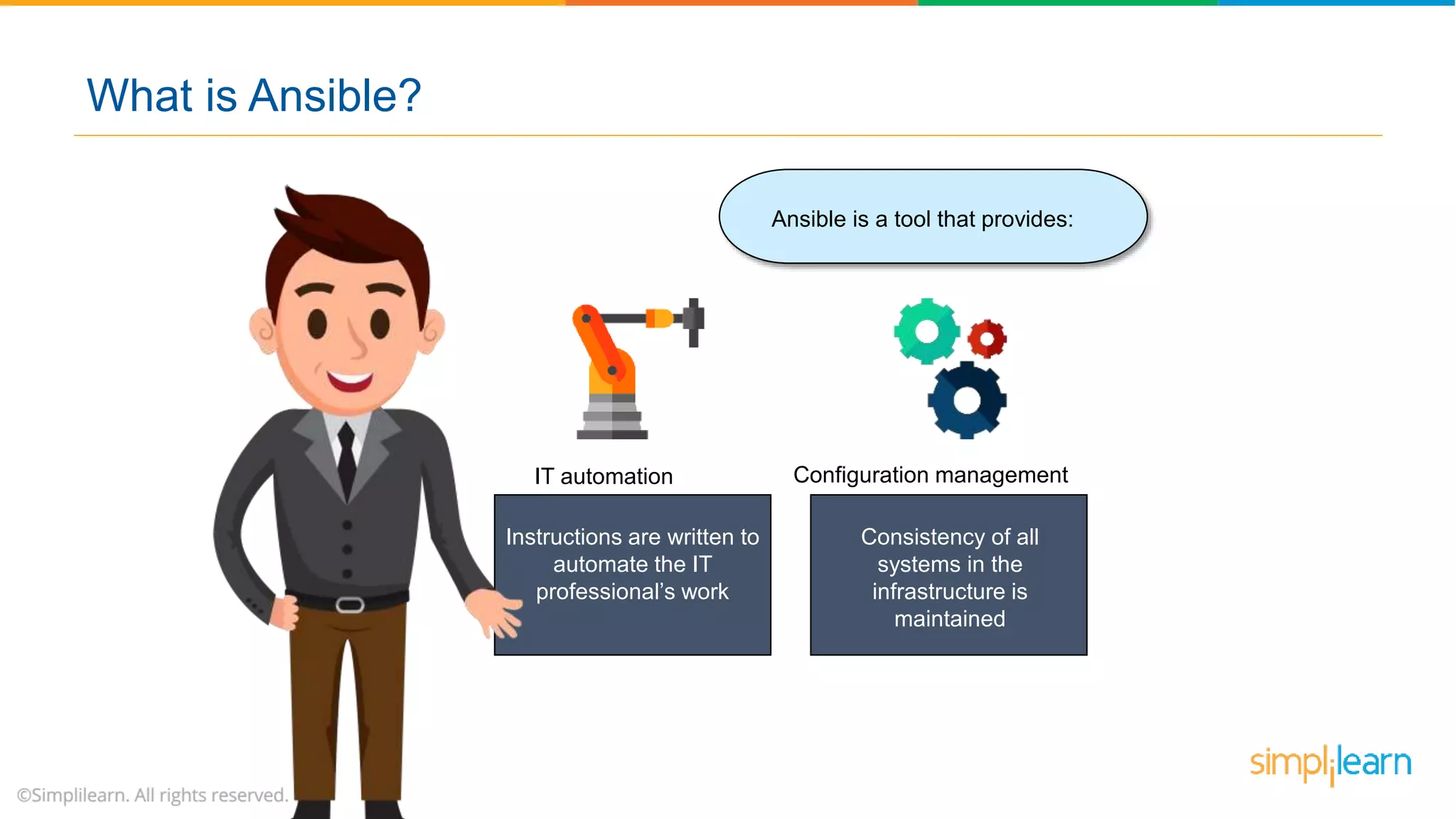 IT automation Configuration management
What is Ansible?
Instructions are written to
automate the IT
professional’s work
Consistency of all
systems in the
infrastructure is
maintained
Ansible is a tool that provides:
 