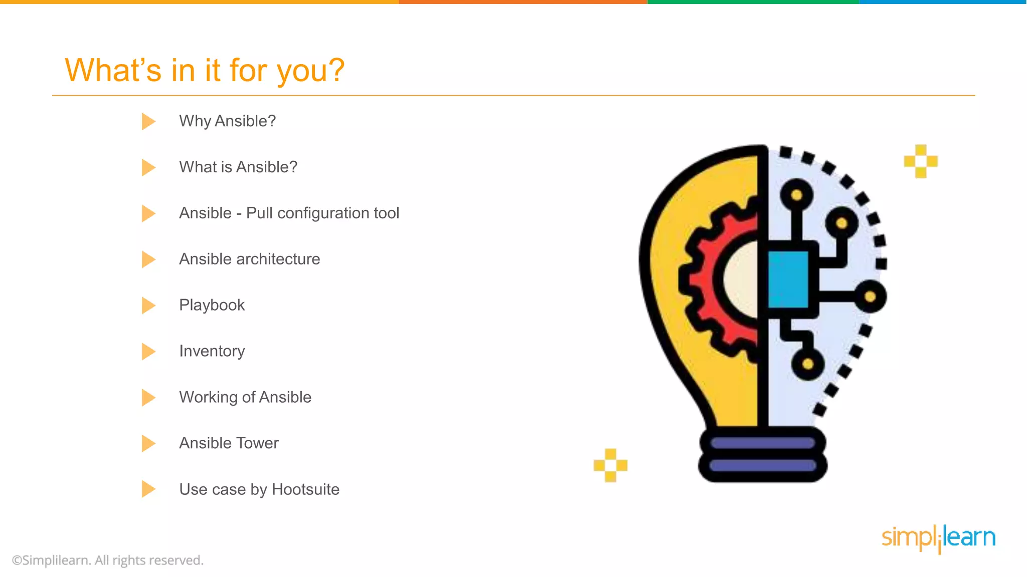 Why Ansible?
What is Ansible?
Ansible - Pull configuration tool
Ansible architecture
Playbook
What’s in it for you?
Inventory
Working of Ansible
Ansible Tower
Use case by Hootsuite
 