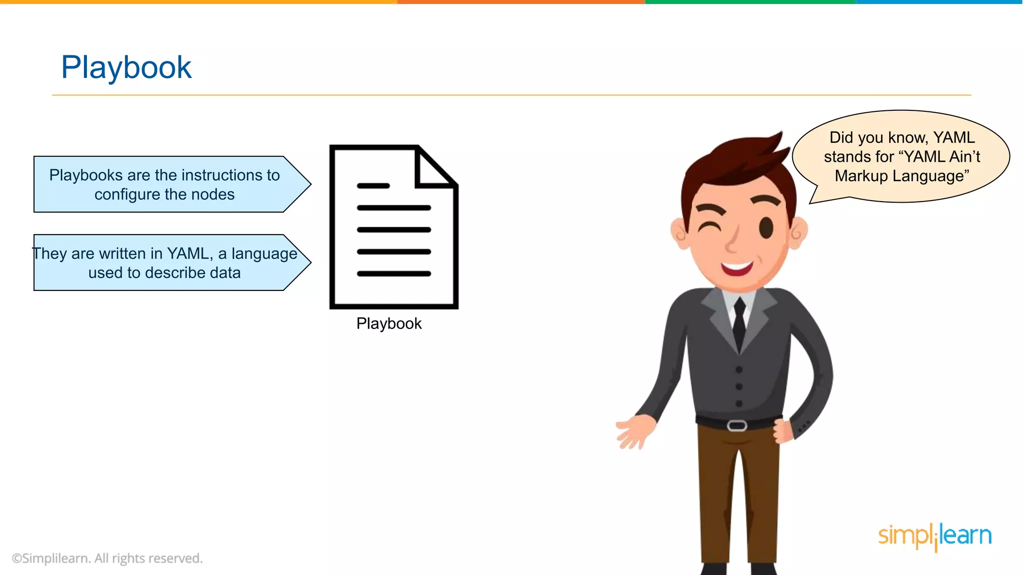 Did you know, YAML
stands for “YAML Ain’t
Markup Language”
Playbook
Playbooks are the instructions to
configure the nodes
They are written in YAML, a language
used to describe data
Playbook
 