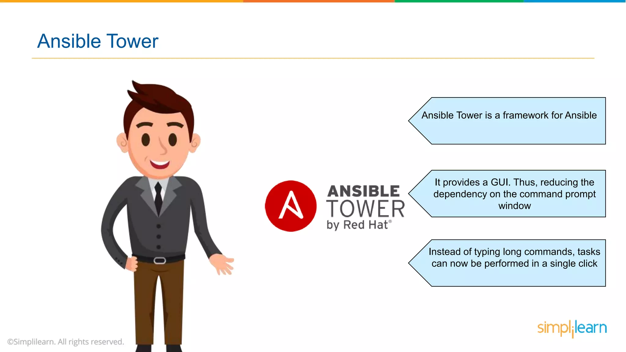 Ansible Tower is a framework for Ansible
It provides a GUI. Thus, reducing the
dependency on the command prompt
window
Instead of typing long commands, tasks
can now be performed in a single click
Ansible Tower
 