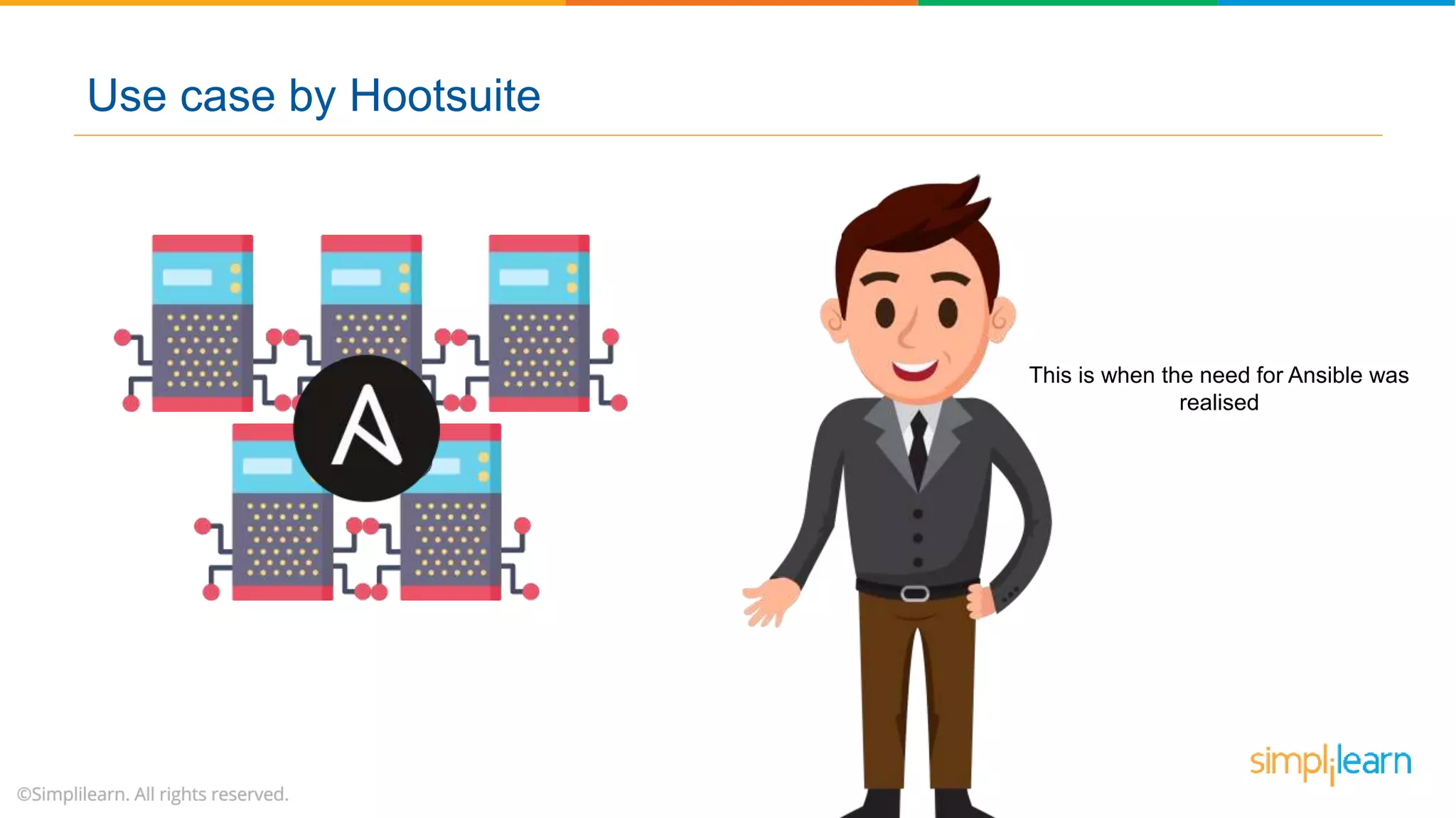This is when the need for Ansible was
realised
Use case by Hootsuite
 
