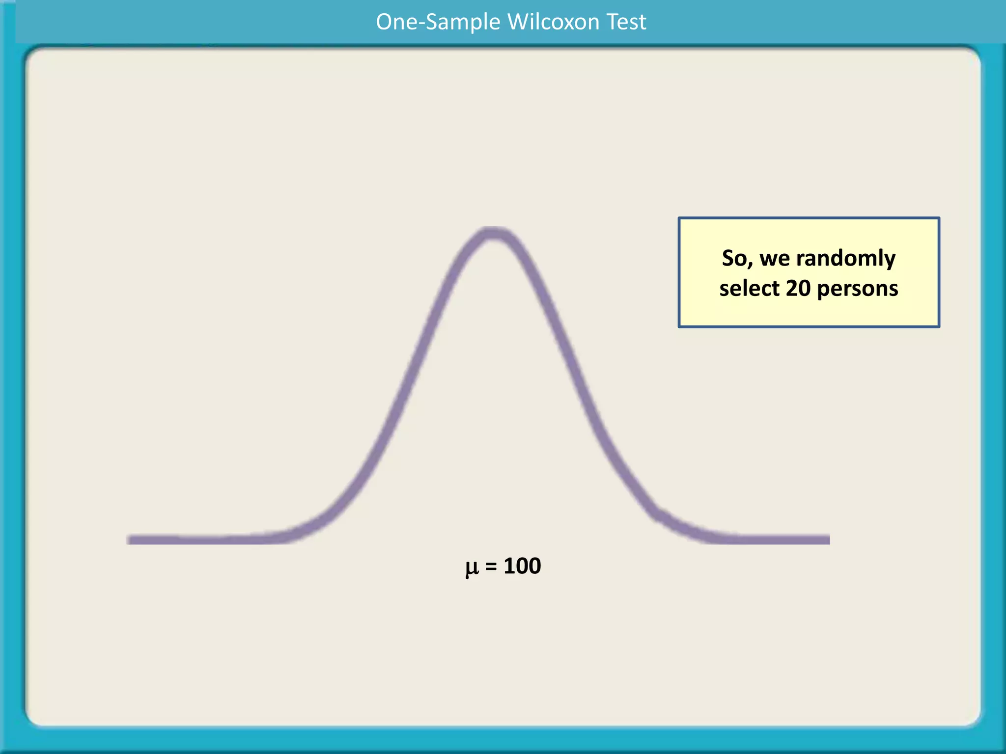 So, we randomly
select 20 persons
m = 100
One-Sample Wilcoxon Test
 