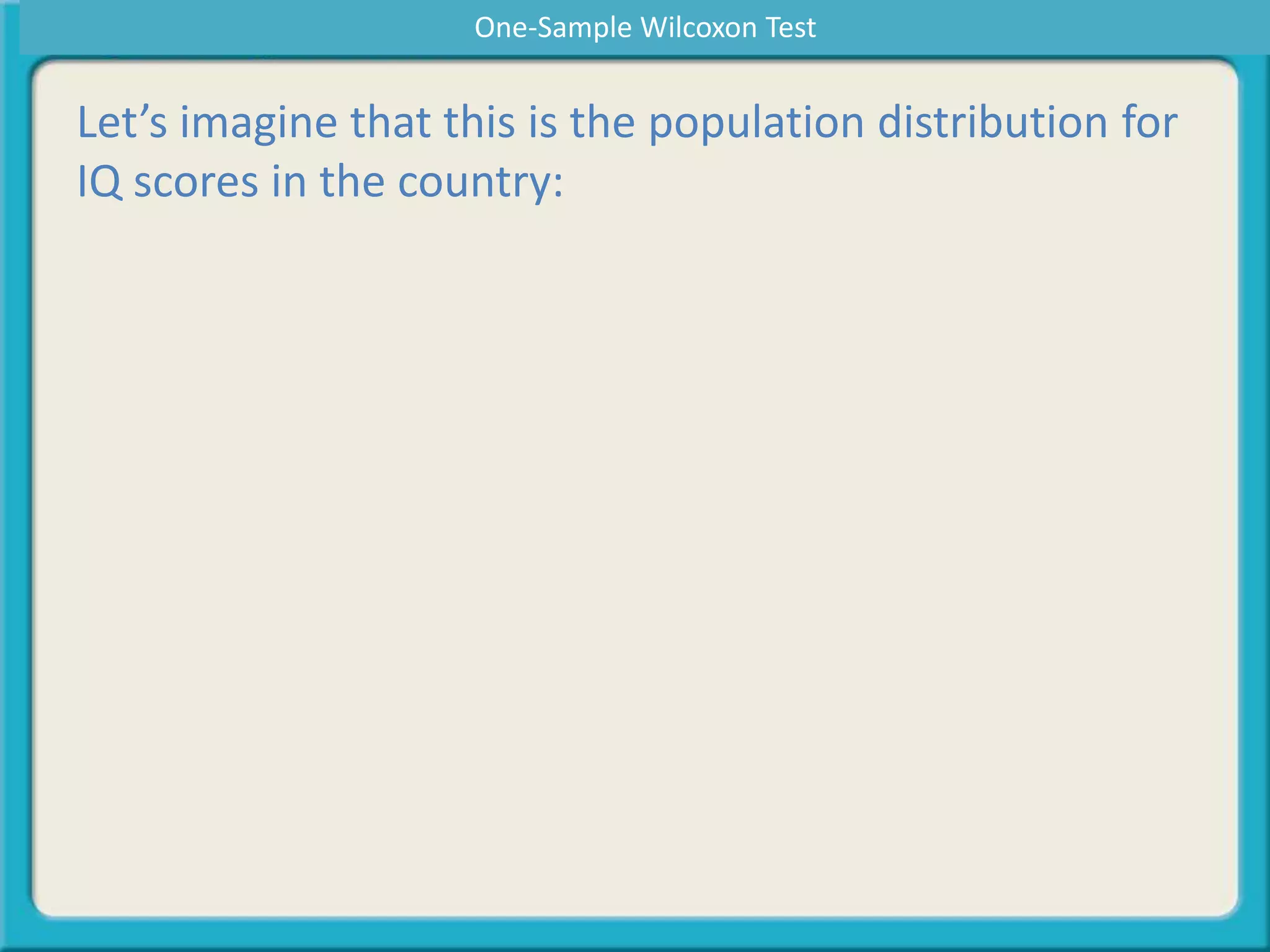 Let’s imagine that this is the population distribution for
IQ scores in the country:
One-Sample Wilcoxon Test
 