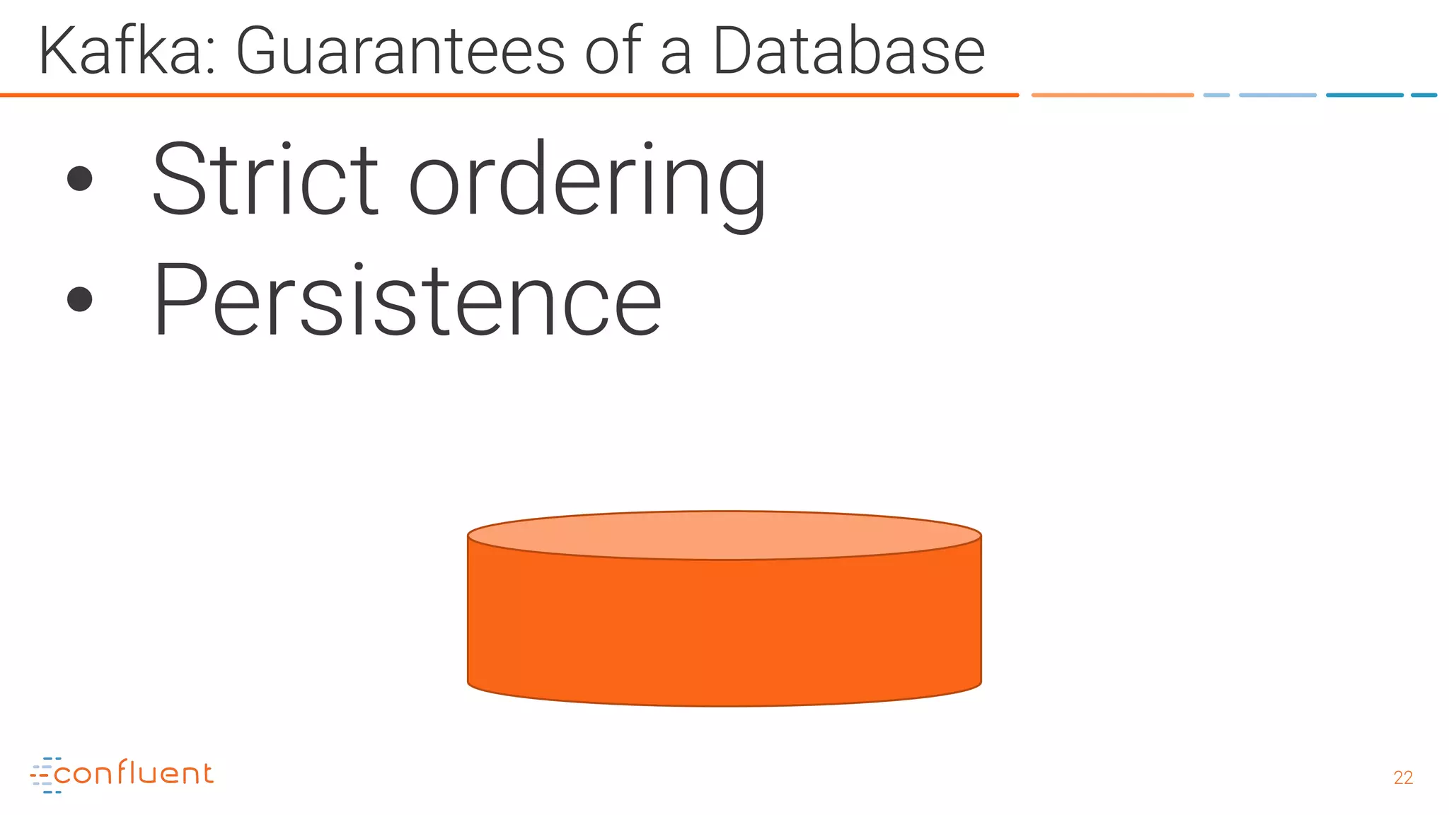2222 Kafka: Guarantees of a Database • Strict ordering • Persistence 