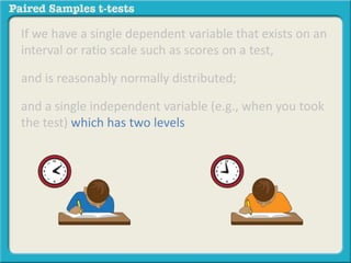 If we have a single dependent variable that exists on an 
interval or ratio scale such as scores on a test, 
and is reasonably normally distributed; 
and a single independent variable (e.g., when you took 
the test) which has two levels 
 