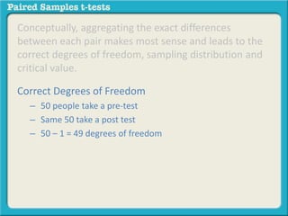 Conceptually, aggregating the exact differences 
between each pair makes most sense and leads to the 
correct degrees of freedom, sampling distribution and 
critical value. 
Correct Degrees of Freedom 
– 50 people take a pre-test 
– Same 50 take a post test 
– 50 – 1 = 49 degrees of freedom 
 