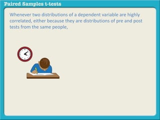 Whenever two distributions of a dependent variable are highly 
correlated, either because they are distributions of pre and post 
tests from the same people, 
 